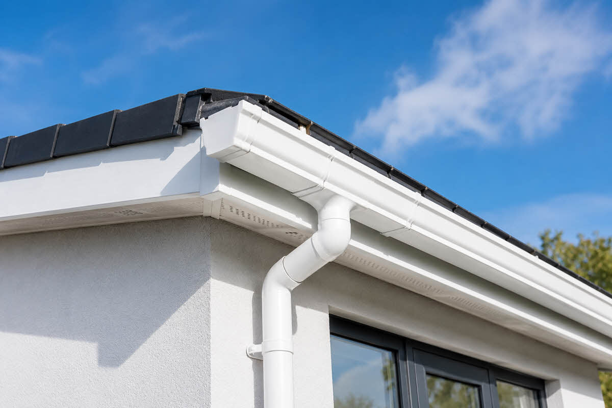 freshly cleaned render on corner of home with new guttering
